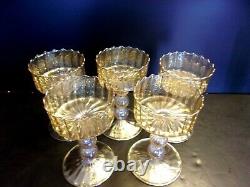 Set of 5 Iridescent/Amber Gold Scalloped Edge Crystal Sherbet Glasses