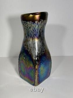 Signed Blown Carnival Iridescent Glass Vase Monet Heavy Dated 11/00 Tag$275 RARE