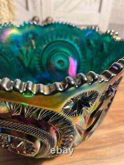 Smith Teal Iridescent Carnival Glass Slewed Horseshoe Bowl 9