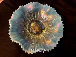 Stunning Northwood Aqua Opal Good Luck 8 3/4 Pastel Ruffled Carnival Glass Bowl