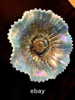 Stunning Northwood Aqua Opal Good Luck 8 3/4 Pastel Ruffled Carnival Glass Bowl