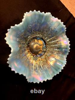 Stunning Northwood Aqua Opal Good Luck 8 3/4 Pastel Ruffled Carnival Glass Bowl