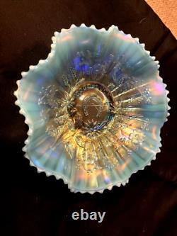 Stunning Northwood Aqua Opal Good Luck 8 3/4 Pastel Ruffled Carnival Glass Bowl