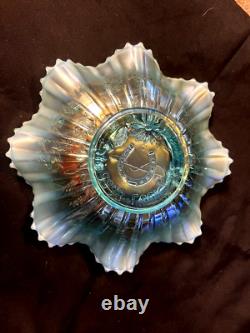 Stunning Northwood Aqua Opal Good Luck 8 3/4 Pastel Ruffled Carnival Glass Bowl