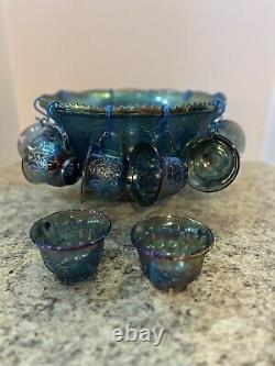 Stunning Vintage Iridescent Indiana Glass Blue Harvest Grape Punch Bowl 12 Cups