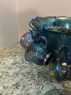 Stunning Vintage Iridescent Indiana Glass Blue Harvest Grape Punch Bowl 12 Cups