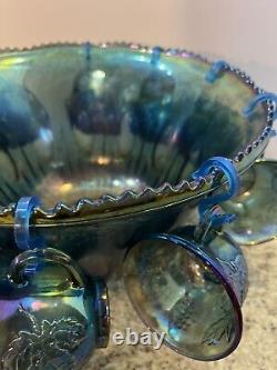 Stunning Vintage Iridescent Indiana Glass Blue Harvest Grape Punch Bowl 12 Cups