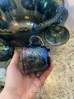 Stunning Vintage Iridescent Indiana Glass Blue Harvest Grape Punch Bowl 12 Cups