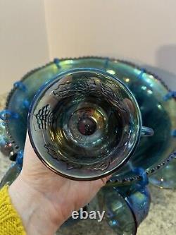 Stunning Vintage Iridescent Indiana Glass Blue Harvest Grape Punch Bowl 12 Cups