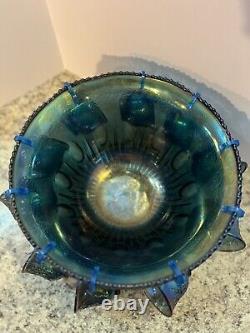 Stunning Vintage Iridescent Indiana Glass Blue Harvest Grape Punch Bowl 12 Cups