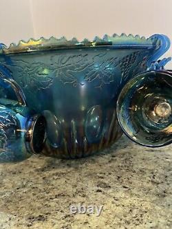 Stunning Vintage Iridescent Indiana Glass Blue Harvest Grape Punch Bowl 12 Cups