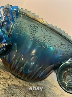 Stunning Vintage Iridescent Indiana Glass Blue Harvest Grape Punch Bowl 12 Cups