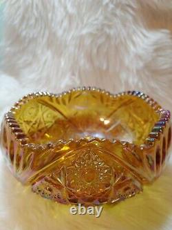 TWO L. E. Bowl Carnival Glass Amber Iridescent Hobstar and Daisy Serrated Heavy