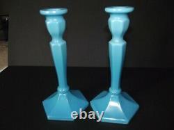 Taper Candle Holder Stretch iridescent Sky Blue Aqua Glass Fenton 449 florentine