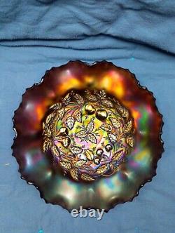 Three Fruits Medallion Amethyst/purple Northwood Spatula Carnival Glass Bowl