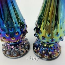 Two (2) Fenton Iridescent CARNIVAL GLASS Blue Purple Swung Bud Vase MARKED