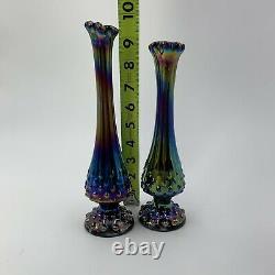 Two (2) Fenton Iridescent CARNIVAL GLASS Blue Purple Swung Bud Vase MARKED