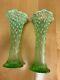 Two Green Opalescent Hobnail Tree Trunk Pattern Vases