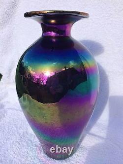 Unique purple iridescent hand blown glass vase attributed Thomas Webb'Bronze
