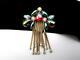 Unsigned HOBÉ Carnival Glass Iridescent Cab & Rhinestone WithChain Dangles Brooch