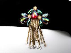 Unsigned HOBÉ Carnival Glass Iridescent Cab & Rhinestone WithChain Dangles Brooch