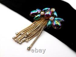 Unsigned HOBÉ Carnival Glass Iridescent Cab & Rhinestone WithChain Dangles Brooch