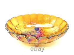 Used Indiana Oval Amber Iridescent Carnival Glass Grape Design Centerpiece Bowl