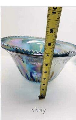 VINTAGE CARNIVAL GLASS BLUE IRIDESCENT GRAPE & LEAF PUNCH BOWL CUPS set of 12