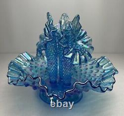 VINTAGE Fenton Blue Carnival 3 Horn Hobnail Opalescent Epergne