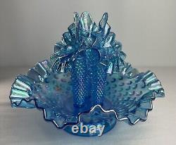 VINTAGE Fenton Blue Carnival 3 Horn Hobnail Opalescent Epergne