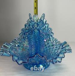 VINTAGE Fenton Blue Carnival 3 Horn Hobnail Opalescent Epergne