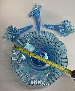 VINTAGE Fenton Blue Carnival 3 Horn Hobnail Opalescent Epergne