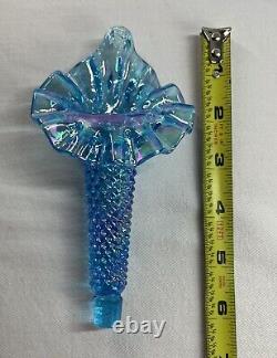 VINTAGE Fenton Blue Carnival 3 Horn Hobnail Opalescent Epergne