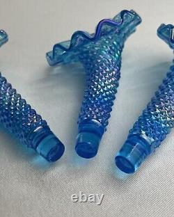 VINTAGE Fenton Blue Carnival 3 Horn Hobnail Opalescent Epergne