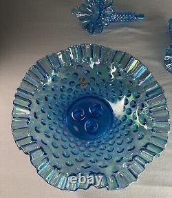 VINTAGE Fenton Blue Carnival 3 Horn Hobnail Opalescent Epergne