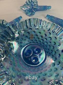 VINTAGE Fenton Blue Carnival 3 Horn Hobnail Opalescent Epergne