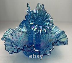 VINTAGE Fenton Blue Carnival 3 Horn Hobnail Opalescent Epergne