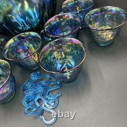 VINTAGE INDIANA GLASS IRIDESCENT BLUE HARVEST CARNIVAL GLASS PUNCH BOWL SET 15pc