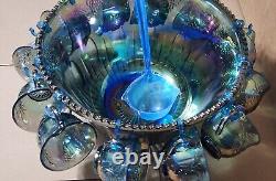 VINTAGE INDIANA IRIDESCENT BLUE CARNIVAL GLASS PRINCESS PUNCH BOWL SET w 12 CUPS