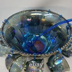 VINTAGE INDIANA IRIDESCENT BLUE CARNIVAL GLASS PRINCESS PUNCH BOWL SET w 12 CUPS