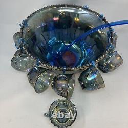 VINTAGE INDIANA IRIDESCENT BLUE CARNIVAL GLASS PRINCESS PUNCH BOWL SET w 12 CUPS