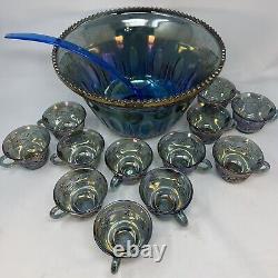 VINTAGE INDIANA IRIDESCENT BLUE CARNIVAL GLASS PRINCESS PUNCH BOWL SET w 12 CUPS