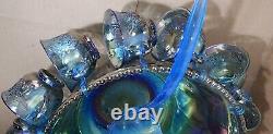 VINTAGE INDIANA IRIDESCENT BLUE CARNIVAL GLASS PRINCESS PUNCH BOWL SET w 12 CUPS