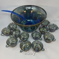 VINTAGE INDIANA IRIDESCENT BLUE CARNIVAL GLASS PRINCESS PUNCH BOWL SET w 12 CUPS