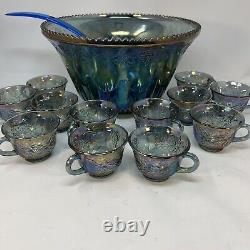 VINTAGE INDIANA IRIDESCENT BLUE CARNIVAL GLASS PRINCESS PUNCH BOWL SET w 12 CUPS