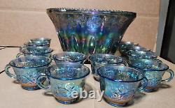 VINTAGE INDIANA IRIDESCENT BLUE CARNIVAL GLASS PRINCESS PUNCH BOWL SET w 12 CUPS