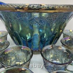 VINTAGE INDIANA IRIDESCENT BLUE CARNIVAL GLASS PRINCESS PUNCH BOWL SET w 12 CUPS