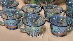 VINTAGE INDIANA IRIDESCENT BLUE CARNIVAL GLASS PRINCESS PUNCH BOWL SET w 12 CUPS