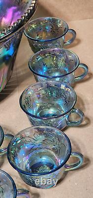 VINTAGE INDIANA IRIDESCENT BLUE CARNIVAL GLASS PRINCESS PUNCH BOWL SET w 12 CUPS