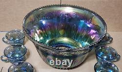 VINTAGE INDIANA IRIDESCENT BLUE CARNIVAL GLASS PRINCESS PUNCH BOWL SET w 12 CUPS